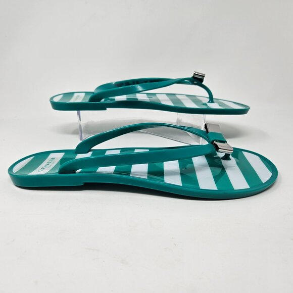 Coach Size 9B Green/White Striped Landon Jelly Flip Flops Thong Sandals Flat Bow - Picture 2 of 11